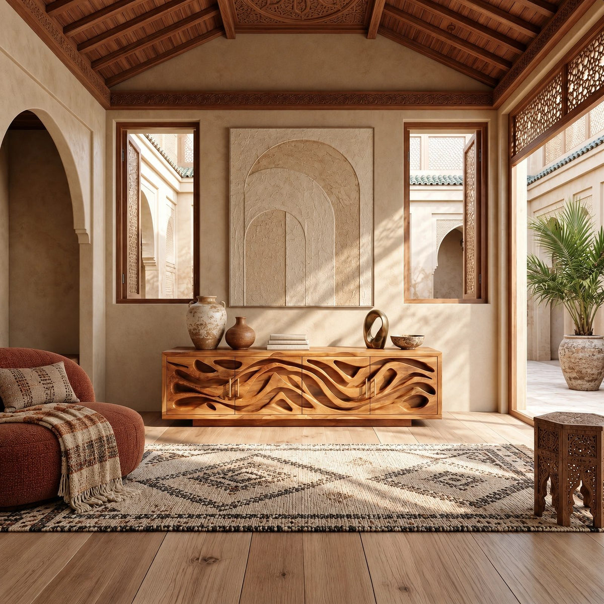 Coastal Carved Wood TV Cabinet With Organic Door Panels For Bedroom