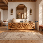Coastal Carved Wood TV Cabinet With Organic Door Panels For Bedroom
