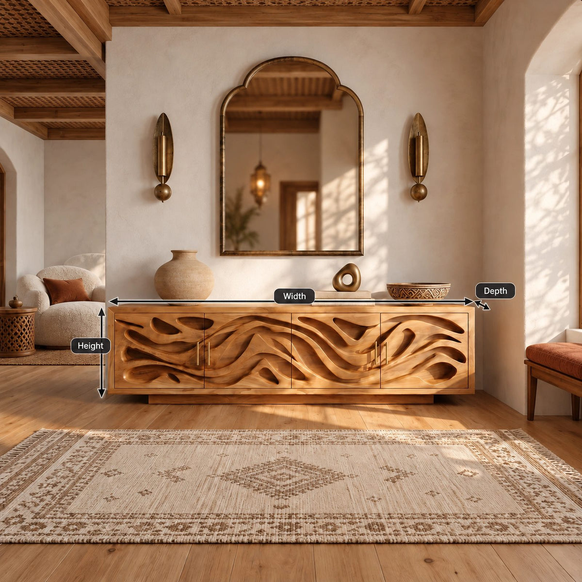 Coastal Carved Wood TV Cabinet With Organic Door Panels For Bedroom