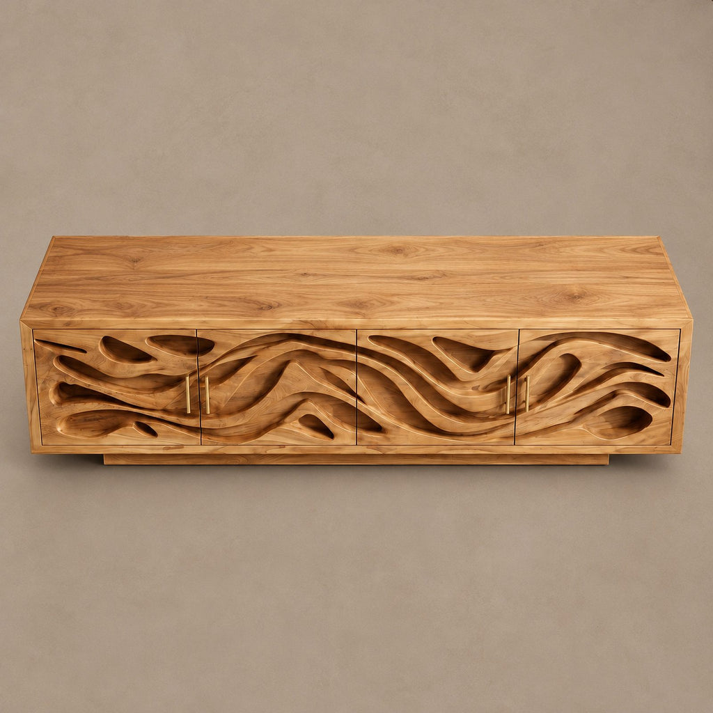 Coastal Carved Wood TV Cabinet With Organic Door Panels For Bedroom