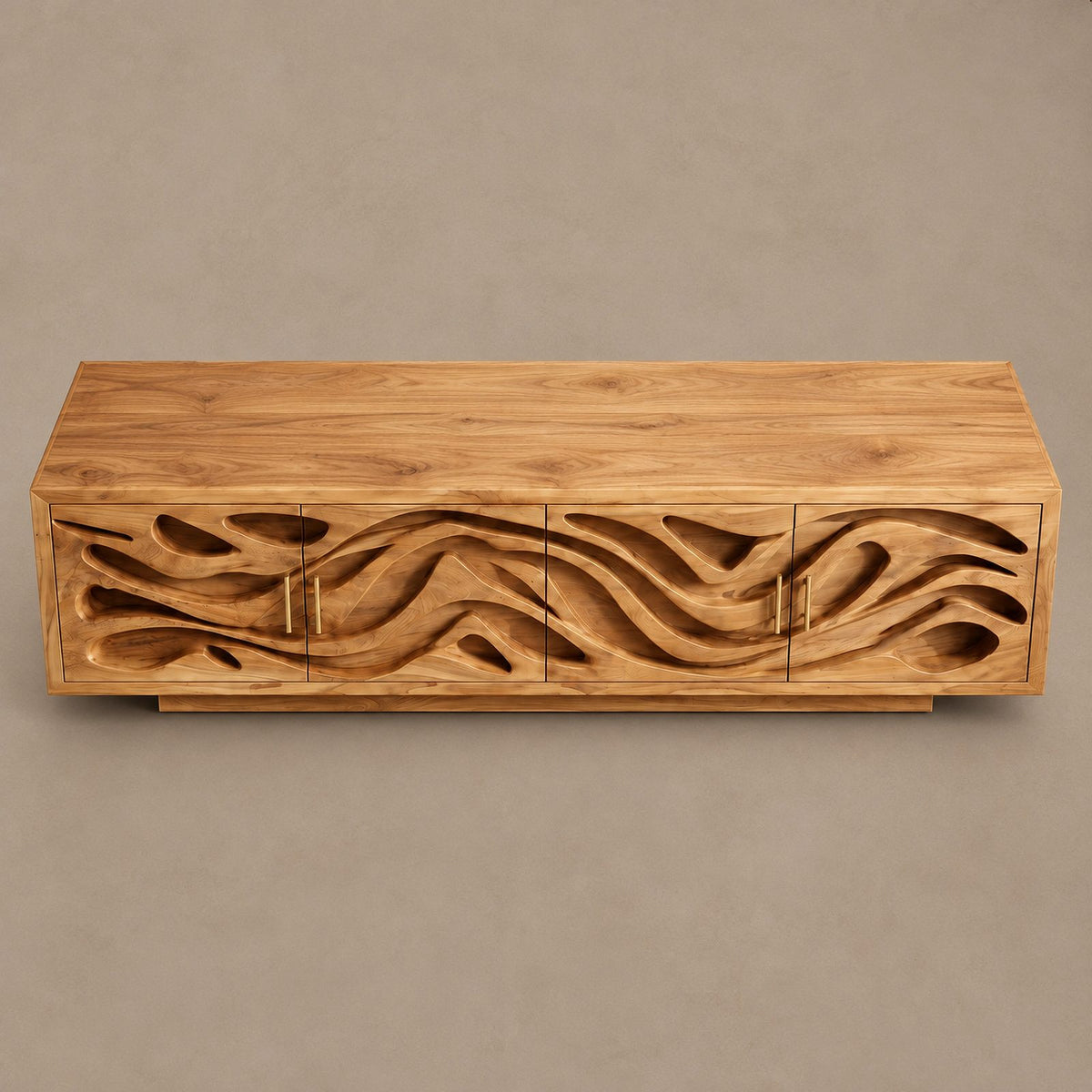 Coastal Carved Wood TV Cabinet With Organic Door Panels For Bedroom