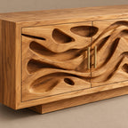 Coastal Carved Wood TV Cabinet With Organic Door Panels For Bedroom