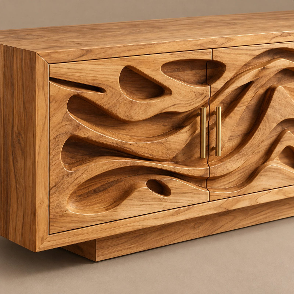 Coastal Carved Wood TV Cabinet With Organic Door Panels For Bedroom