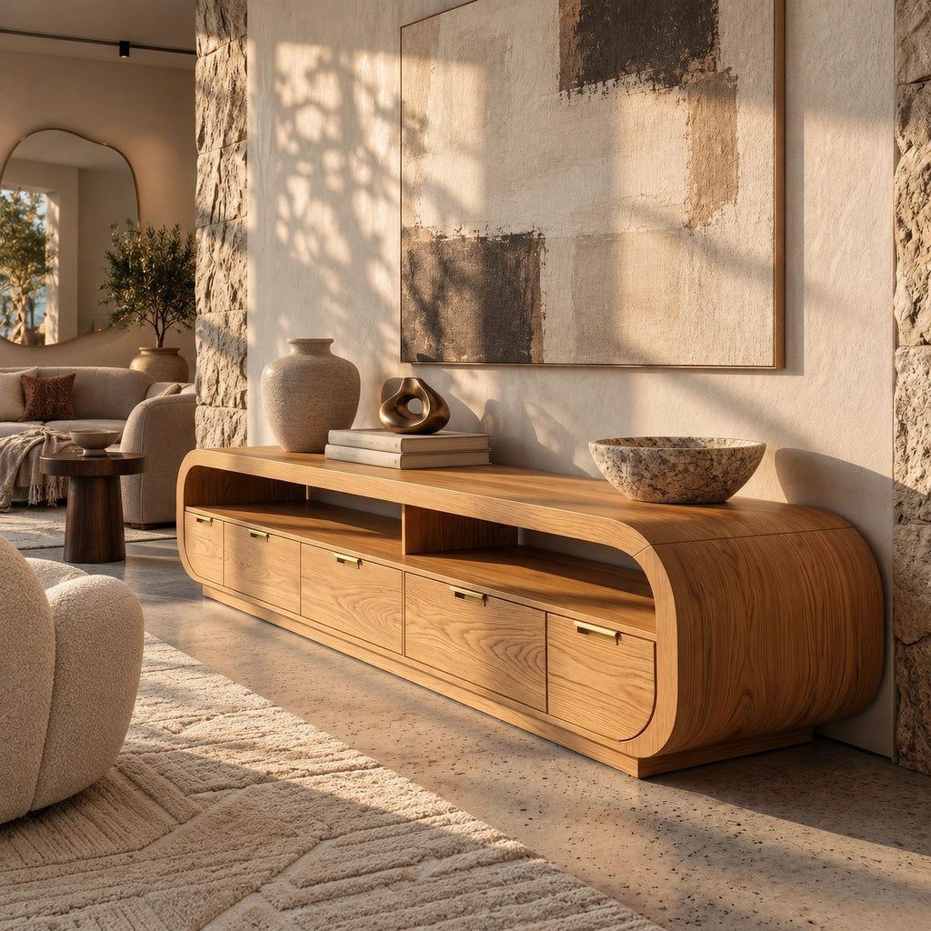 Modern Wood Media Console With Rounded Waterfall Ends For Living Room