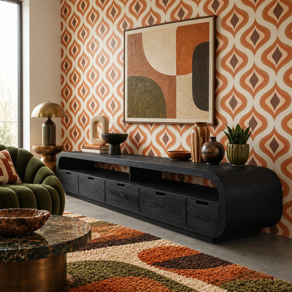 Modern Wood Media Console With Rounded Waterfall Ends For Living Room