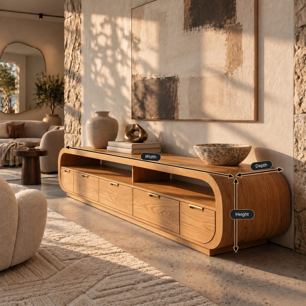 Modern Wood Media Console With Rounded Waterfall Ends For Living Room