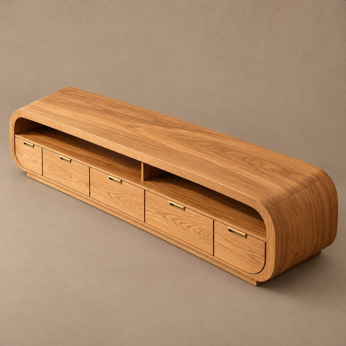 Modern Wood Media Console With Rounded Waterfall Ends For Living Room