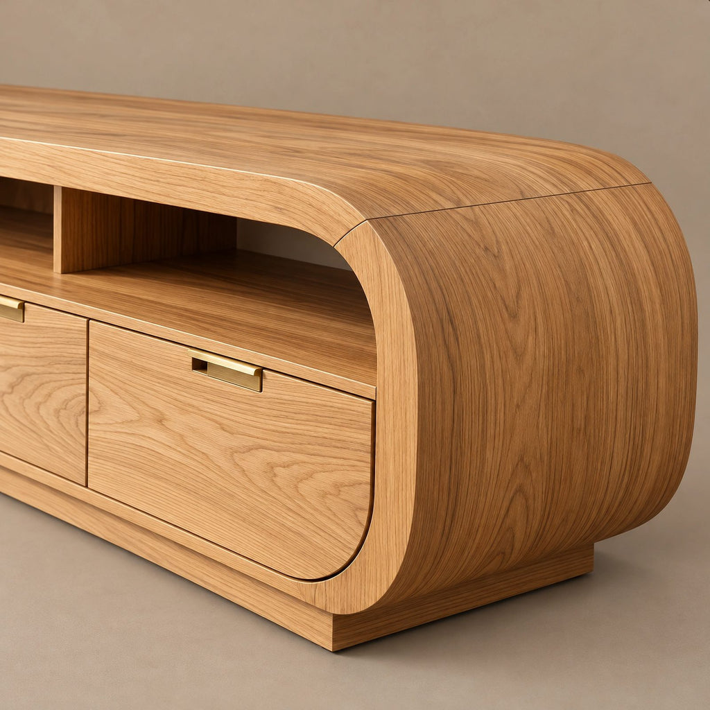Modern Wood Media Console With Rounded Waterfall Ends For Living Room