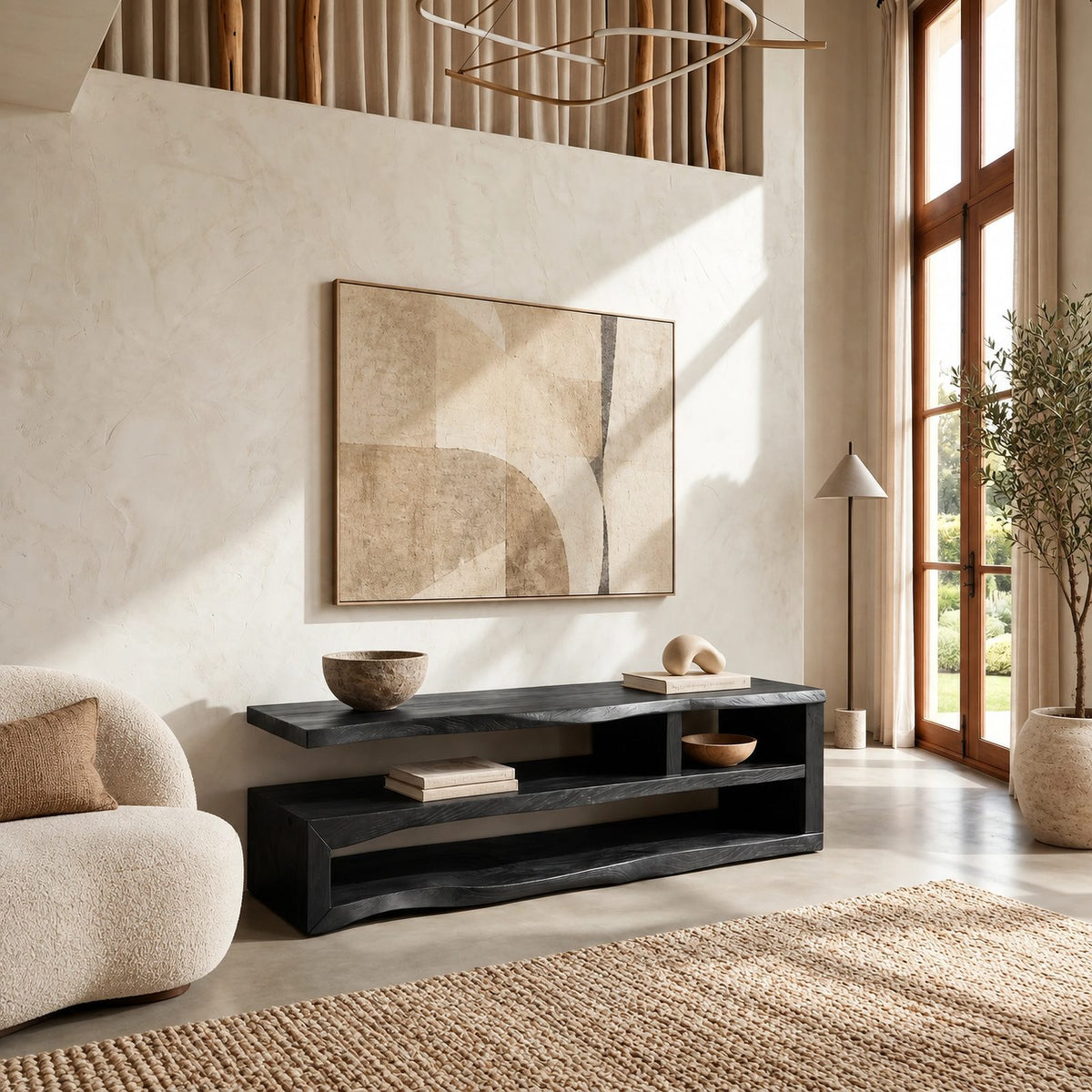Scandinavian Wood TV Stand With Open Media Shelf For Living Room