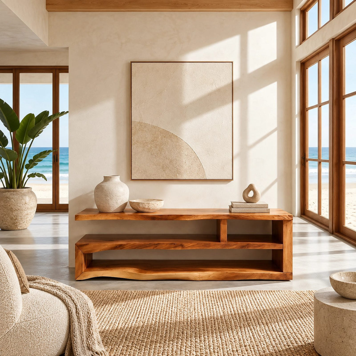 Scandinavian Wood TV Stand With Open Media Shelf For Living Room