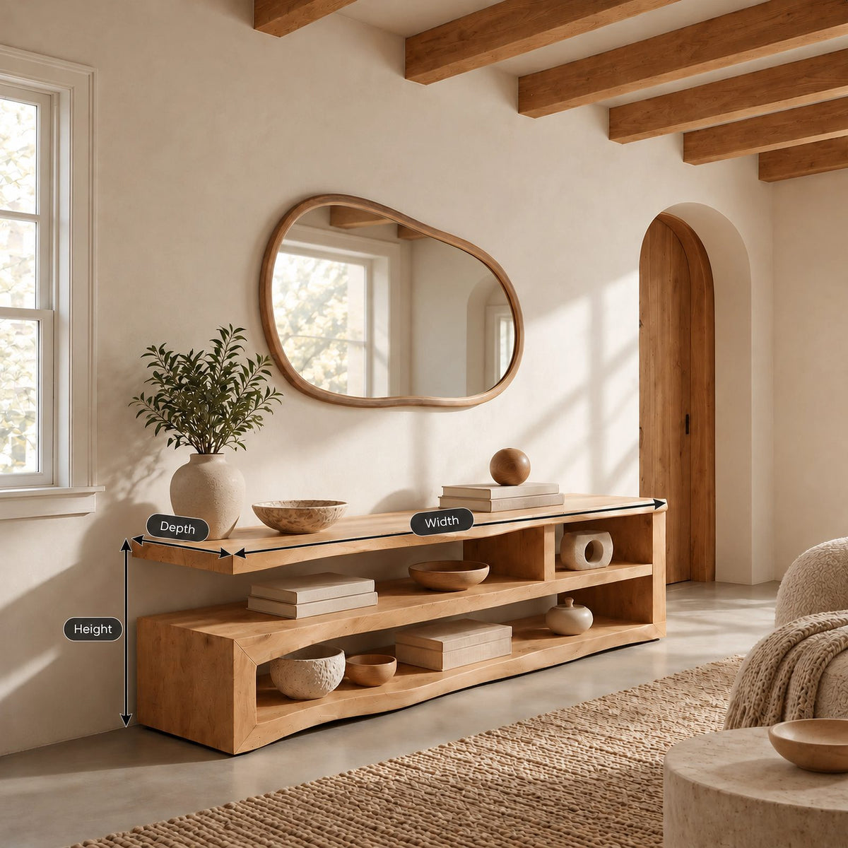 Scandinavian Wood TV Stand With Open Media Shelf For Living Room