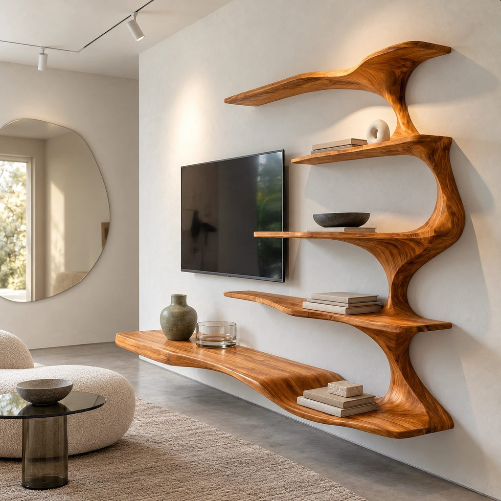 Sculptural Branch Wood Wall Mounted TV Shelf For Living Room