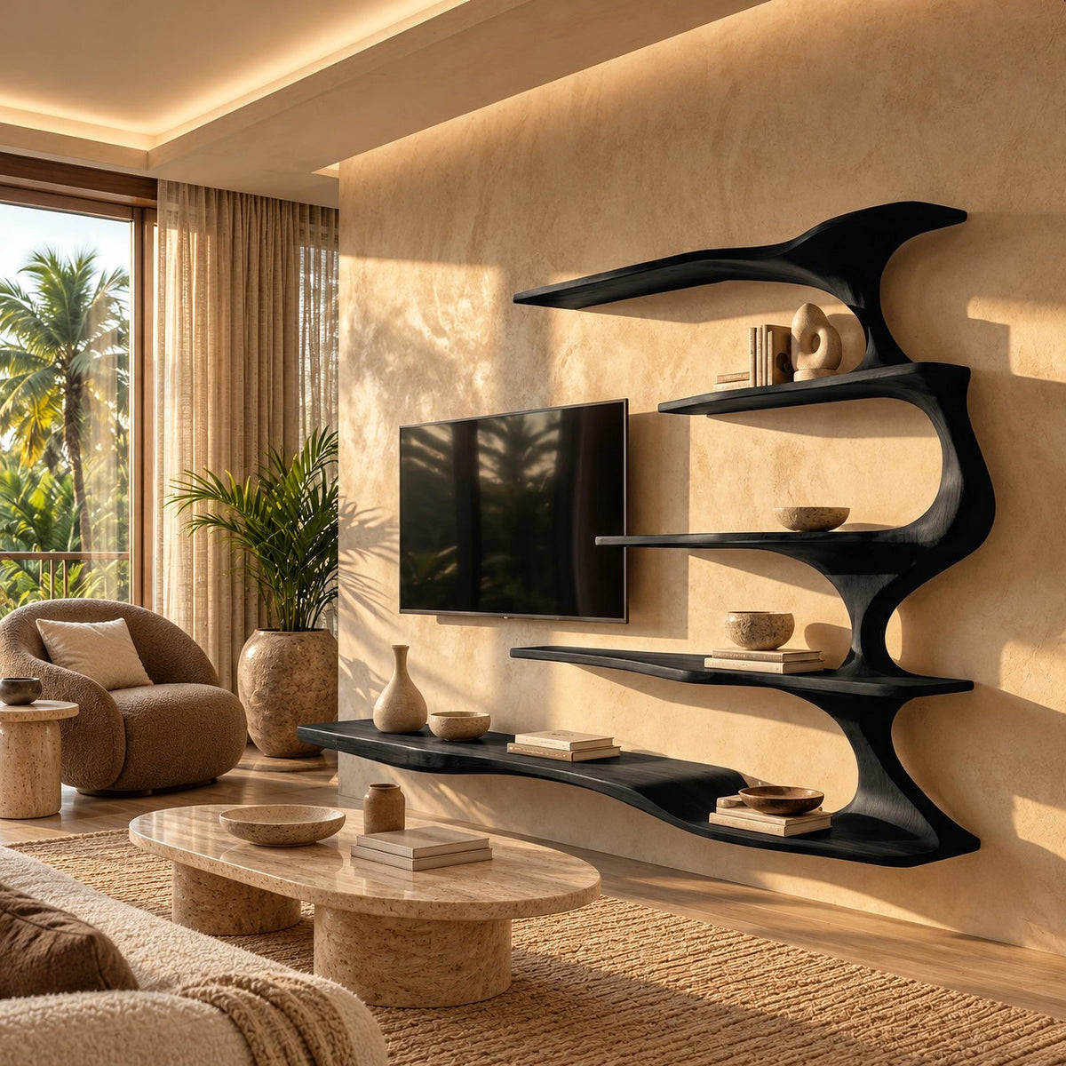 Sculptural Branch Wood Wall Mounted TV Shelf For Living Room