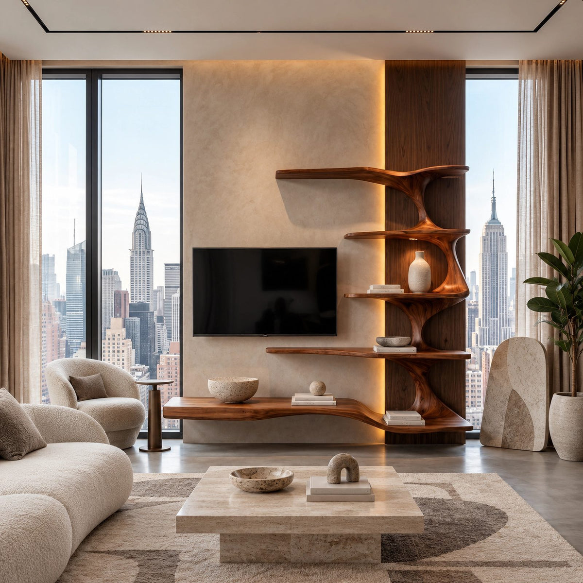 Sculptural Branch Wood Wall Mounted TV Shelf For Living Room