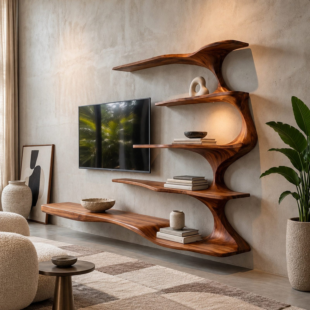 Sculptural Branch Wood Wall Mounted TV Shelf For Living Room