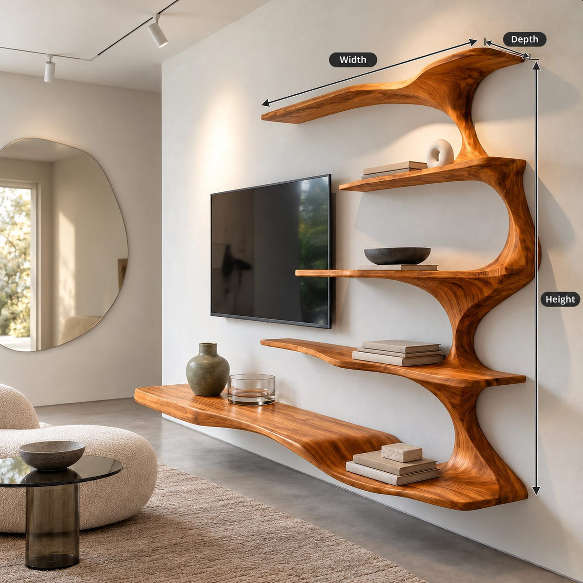 Sculptural Branch Wood Wall Mounted TV Shelf For Living Room