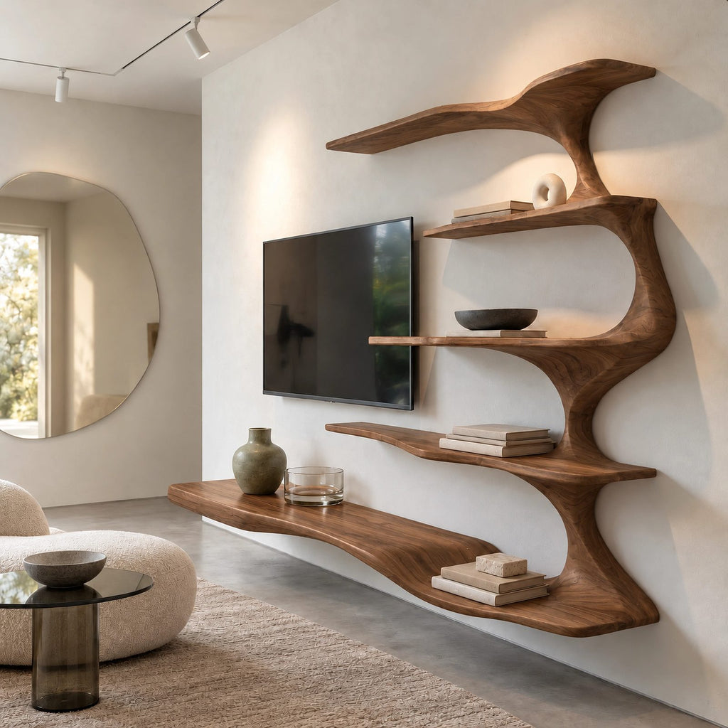 Sculptural Branch Wood Wall Mounted TV Shelf For Living Room