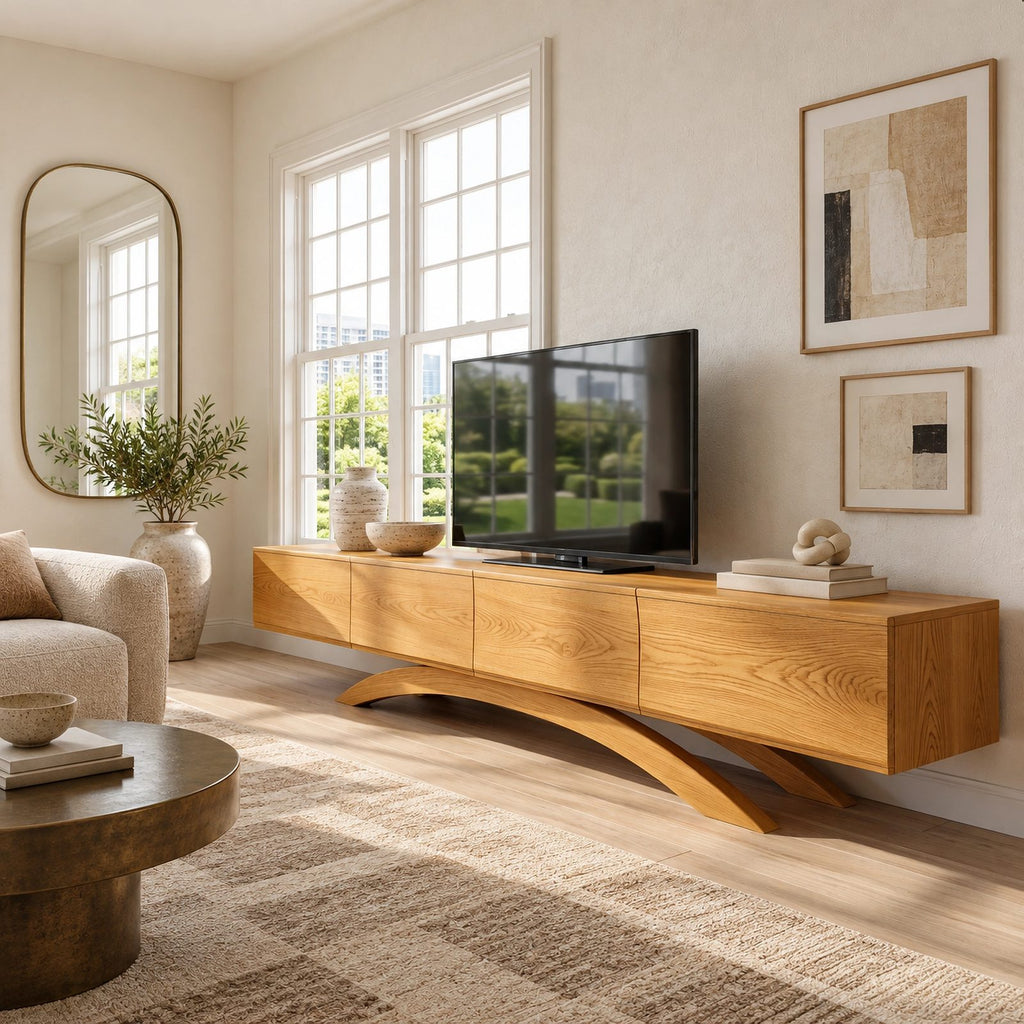 Contemporary Wood TV Cabinet With Arched Base For Living Room
