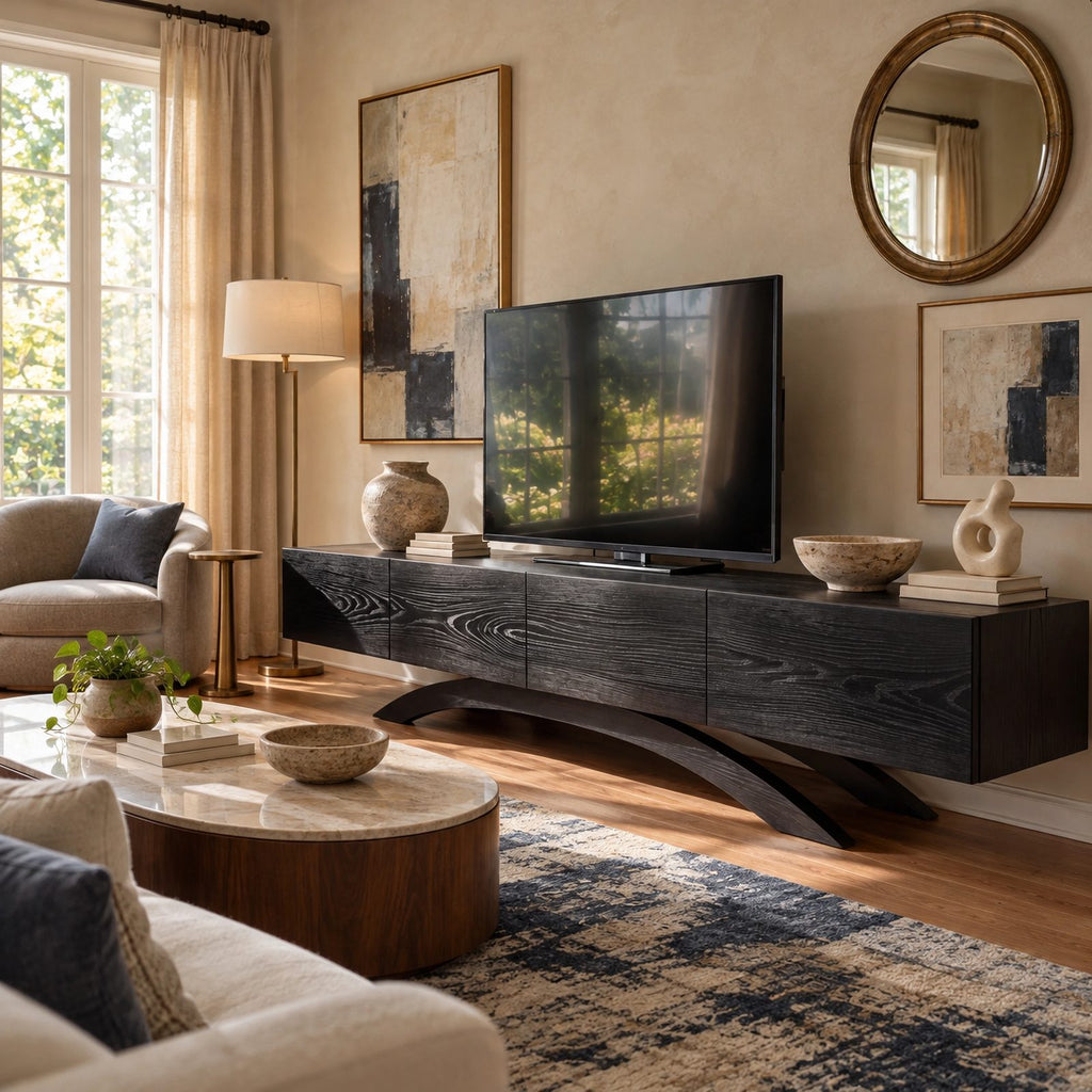 Contemporary Wood TV Cabinet With Arched Base For Living Room