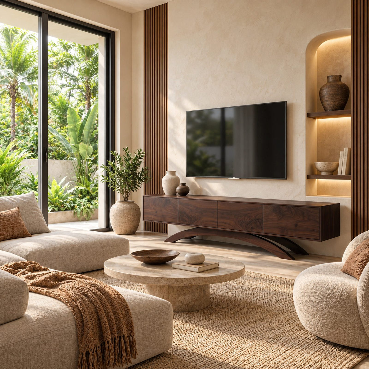 Contemporary Wood TV Cabinet With Arched Base For Living Room