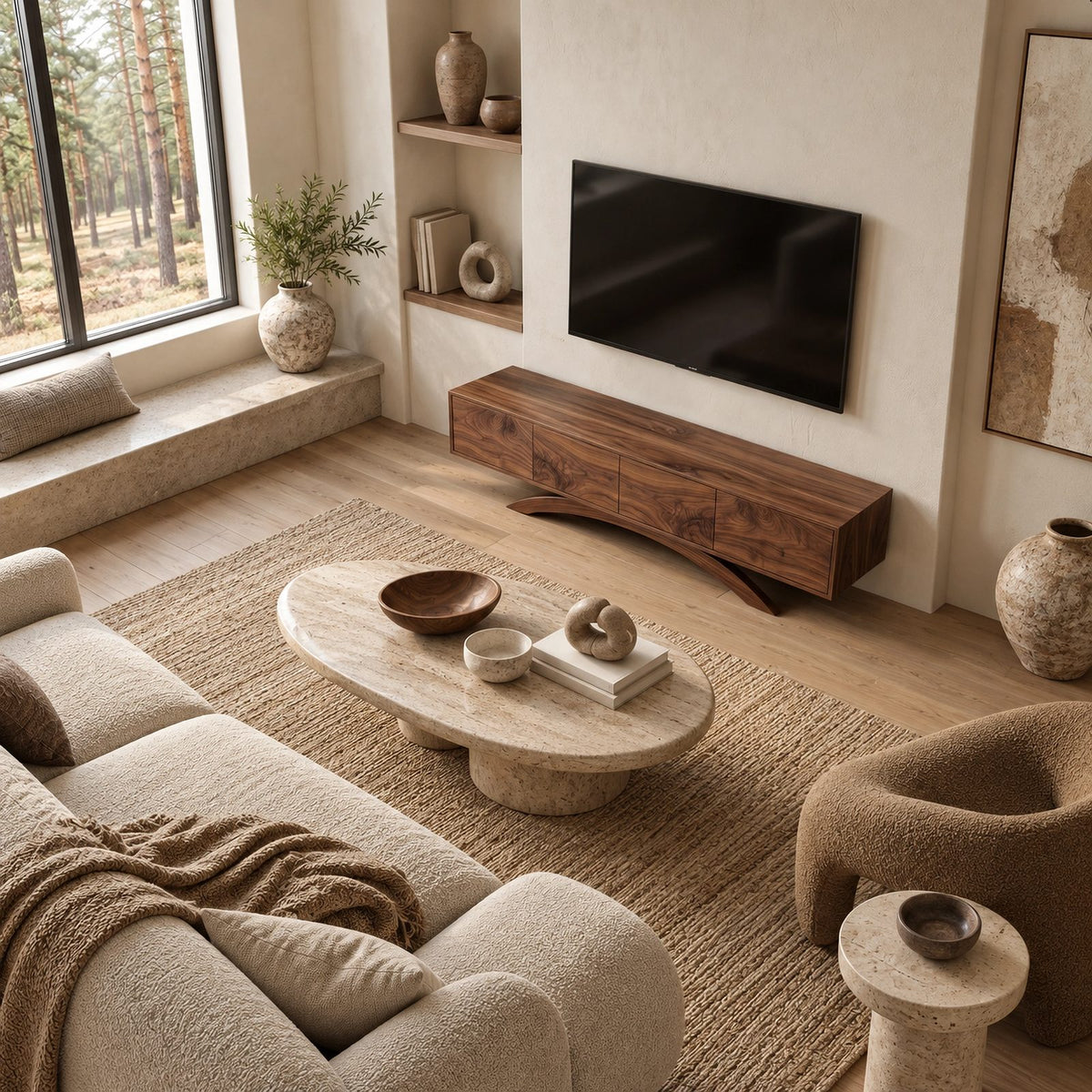 Contemporary Wood TV Cabinet With Arched Base For Living Room
