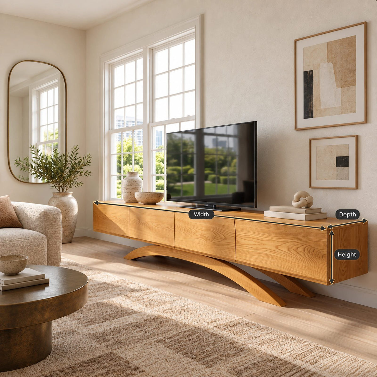 Contemporary Wood TV Cabinet With Arched Base For Living Room