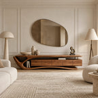 Contemporary Wood TV Cabinet With Sculptural Cutout Base For Living Room