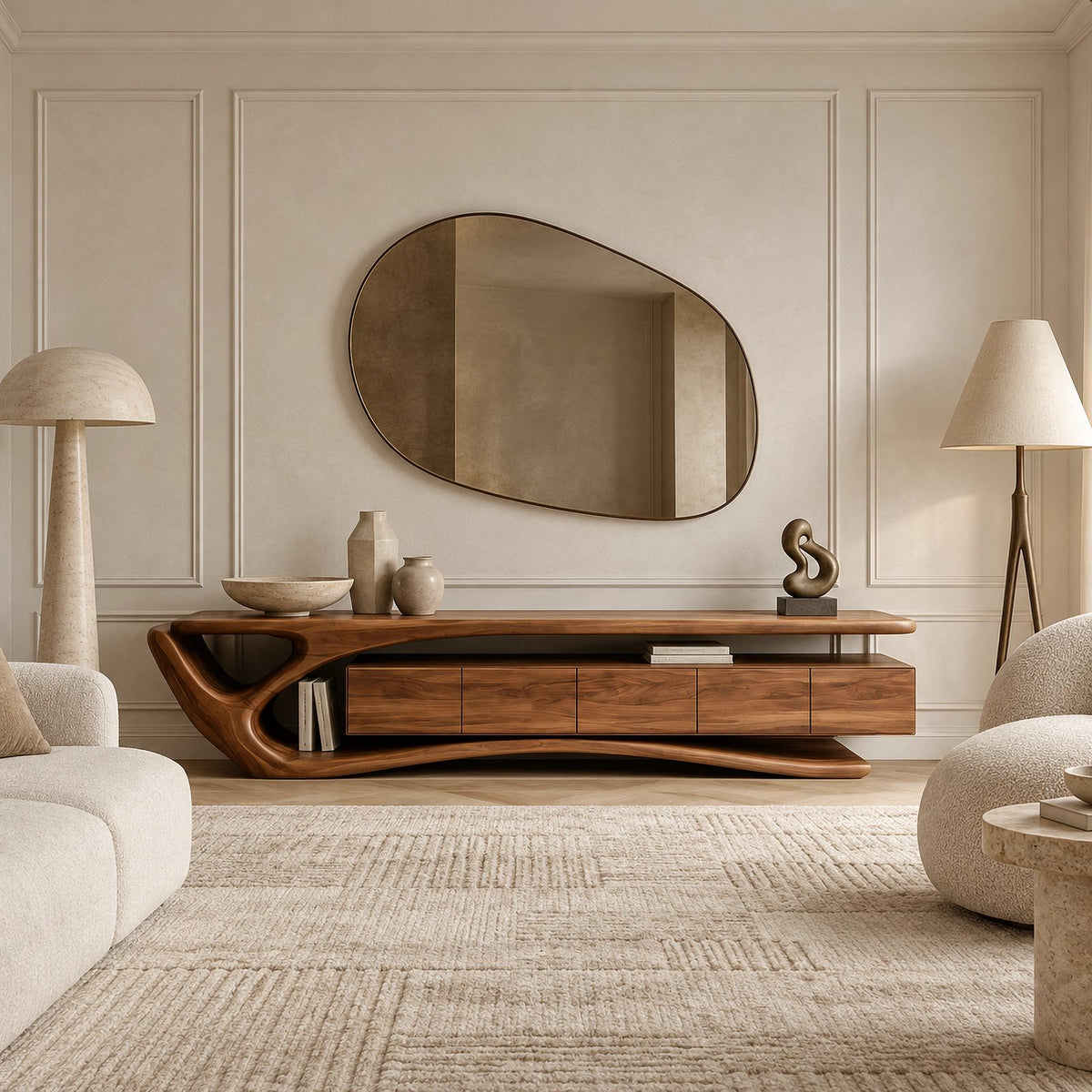 Contemporary Wood TV Cabinet With Sculptural Cutout Base For Living Room