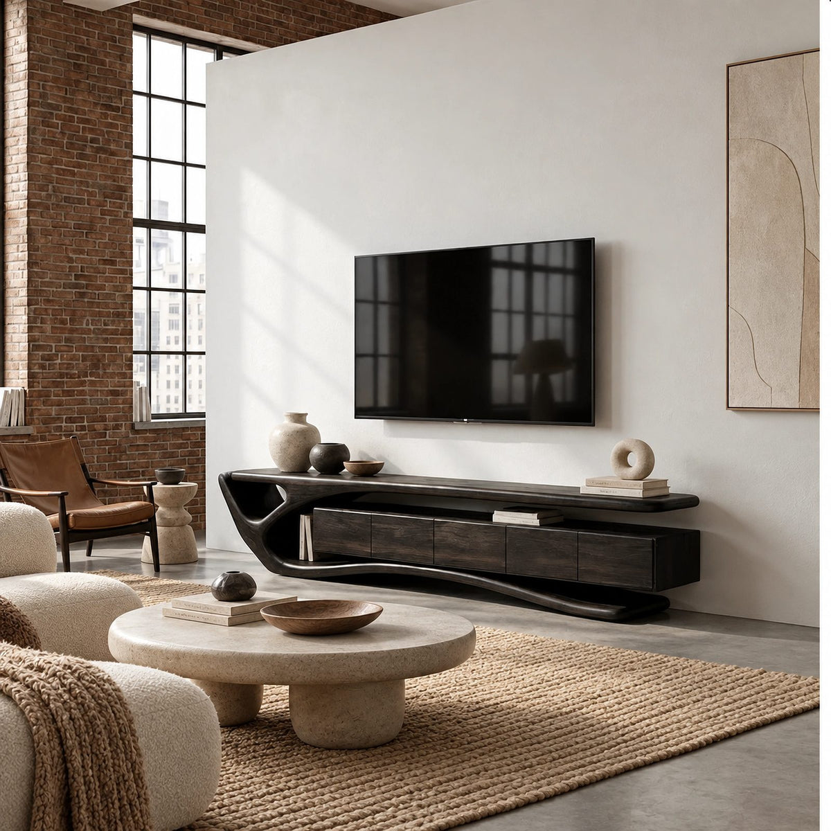 Contemporary Wood TV Cabinet With Sculptural Cutout Base For Living Room