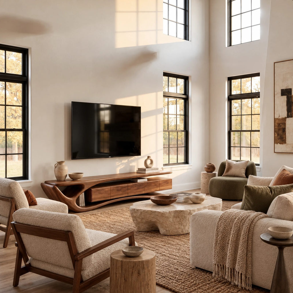 Contemporary Wood TV Cabinet With Sculptural Cutout Base For Living Room