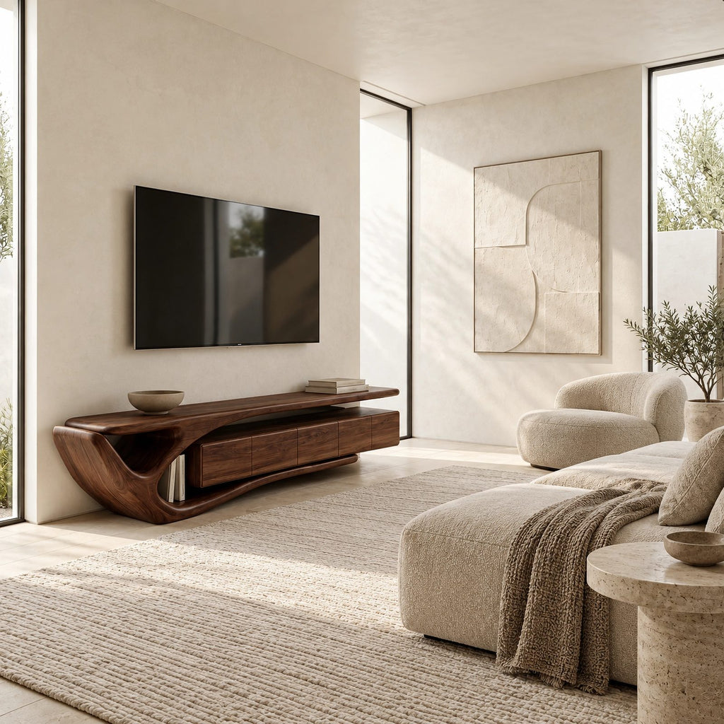 Contemporary Wood TV Cabinet With Sculptural Cutout Base For Living Room
