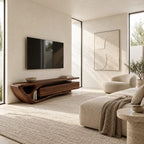 Contemporary Wood TV Cabinet With Sculptural Cutout Base For Living Room