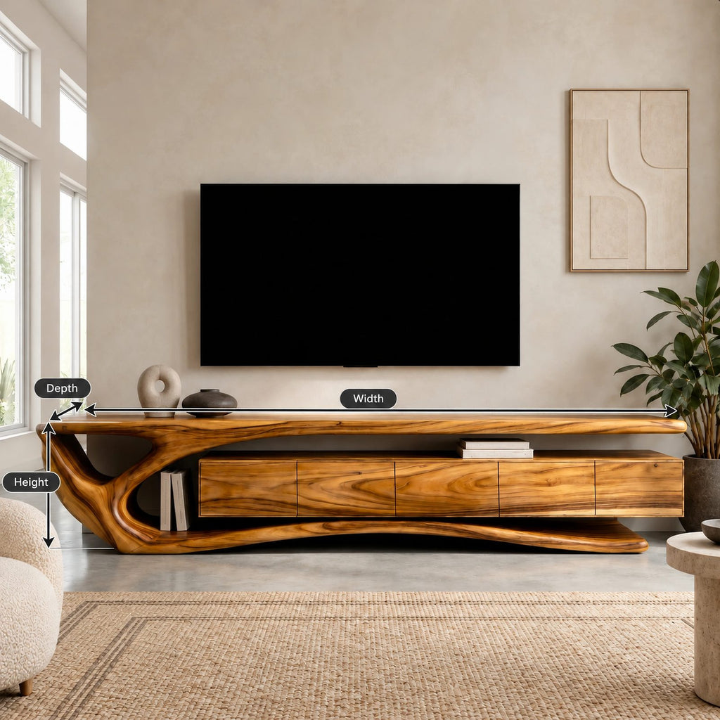 Contemporary Wood TV Cabinet With Sculptural Cutout Base For Living Room