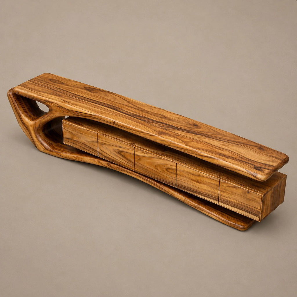 Contemporary Wood TV Cabinet With Sculptural Cutout Base For Living Room