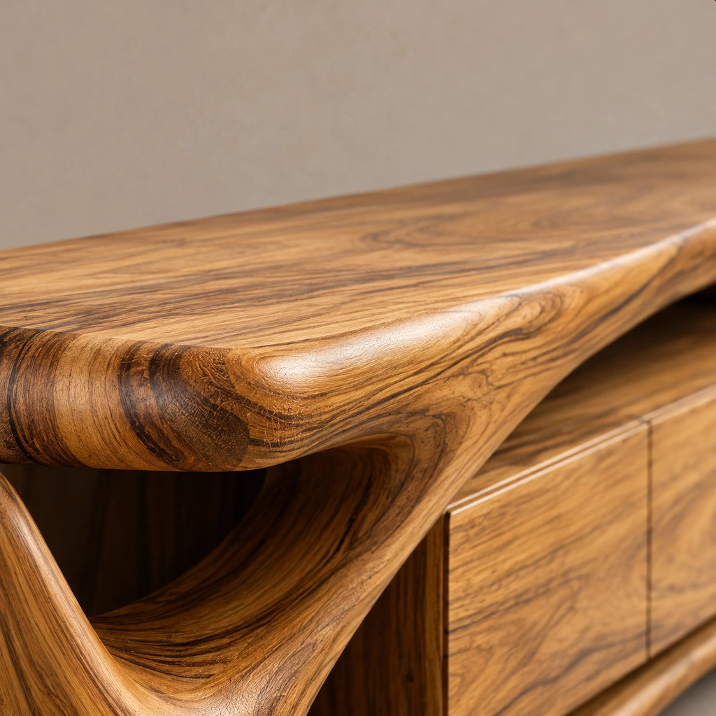 Contemporary Wood TV Cabinet With Sculptural Cutout Base For Living Room