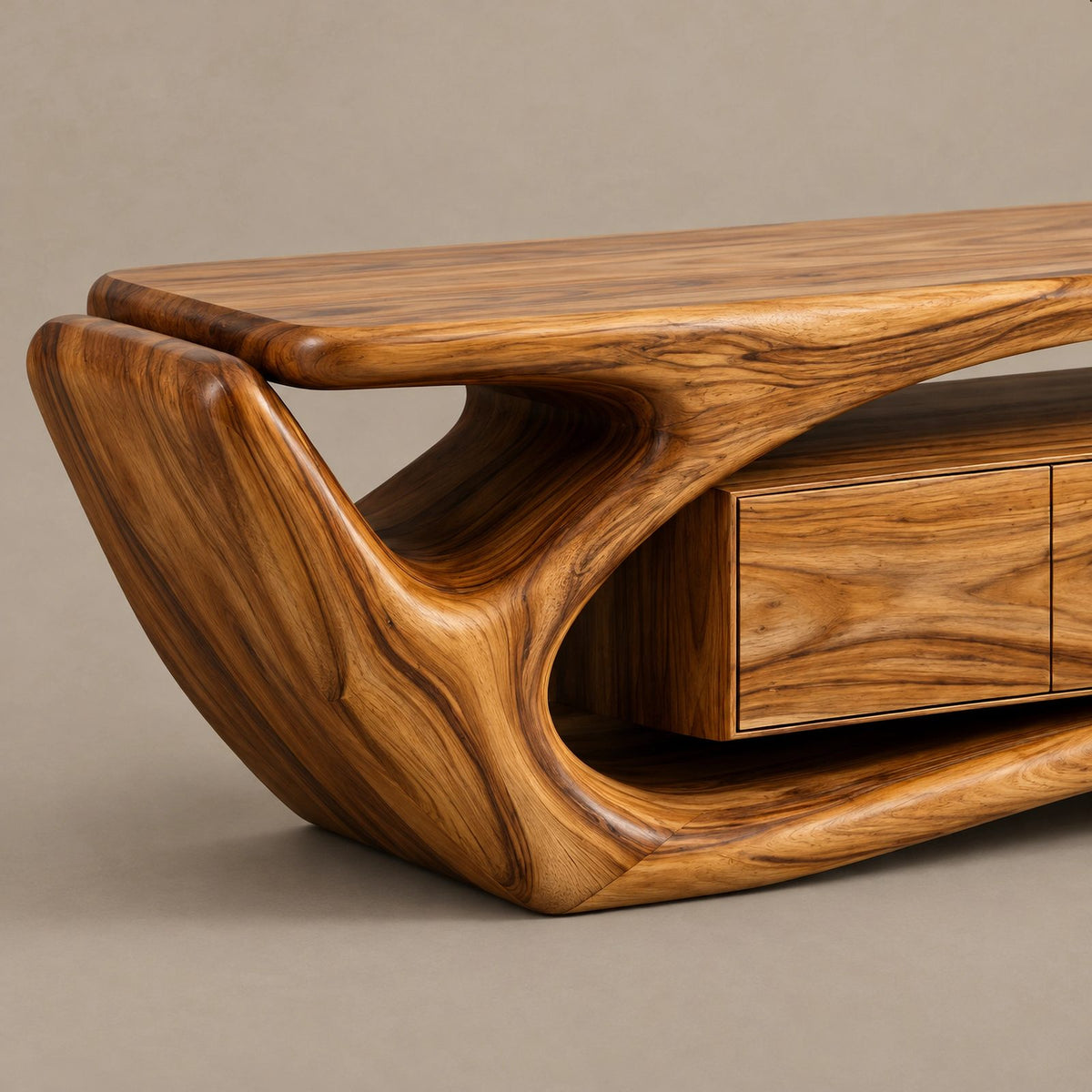 Contemporary Wood TV Cabinet With Sculptural Cutout Base For Living Room