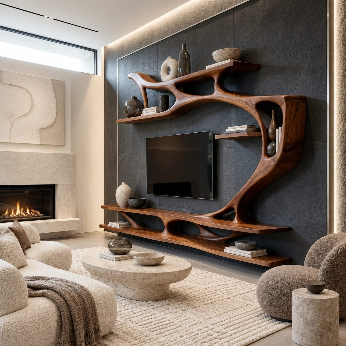 Organic Sculptural Wall TV Shelf With Branch Form For Living Room