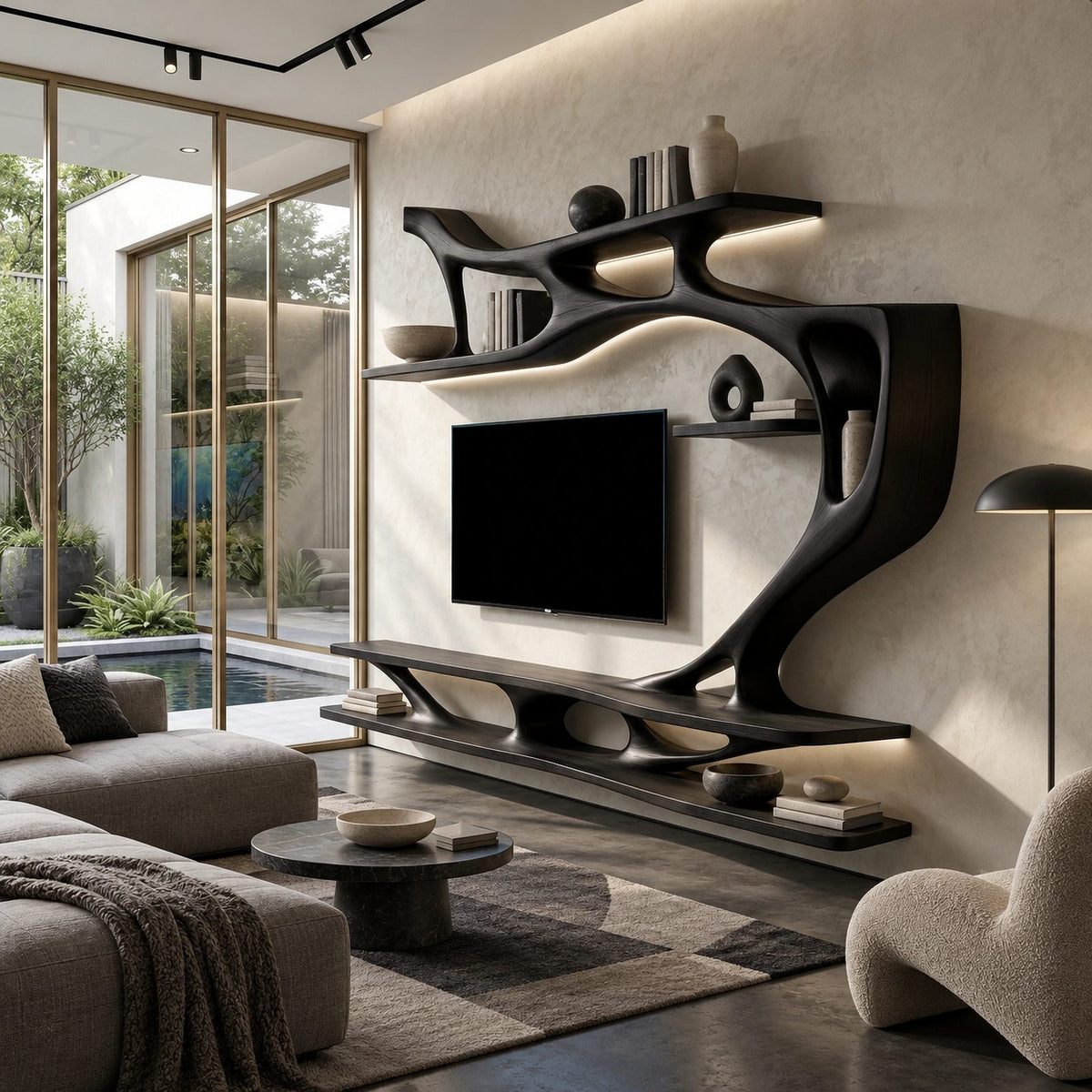 Organic Sculptural Wall TV Shelf With Branch Form For Living Room