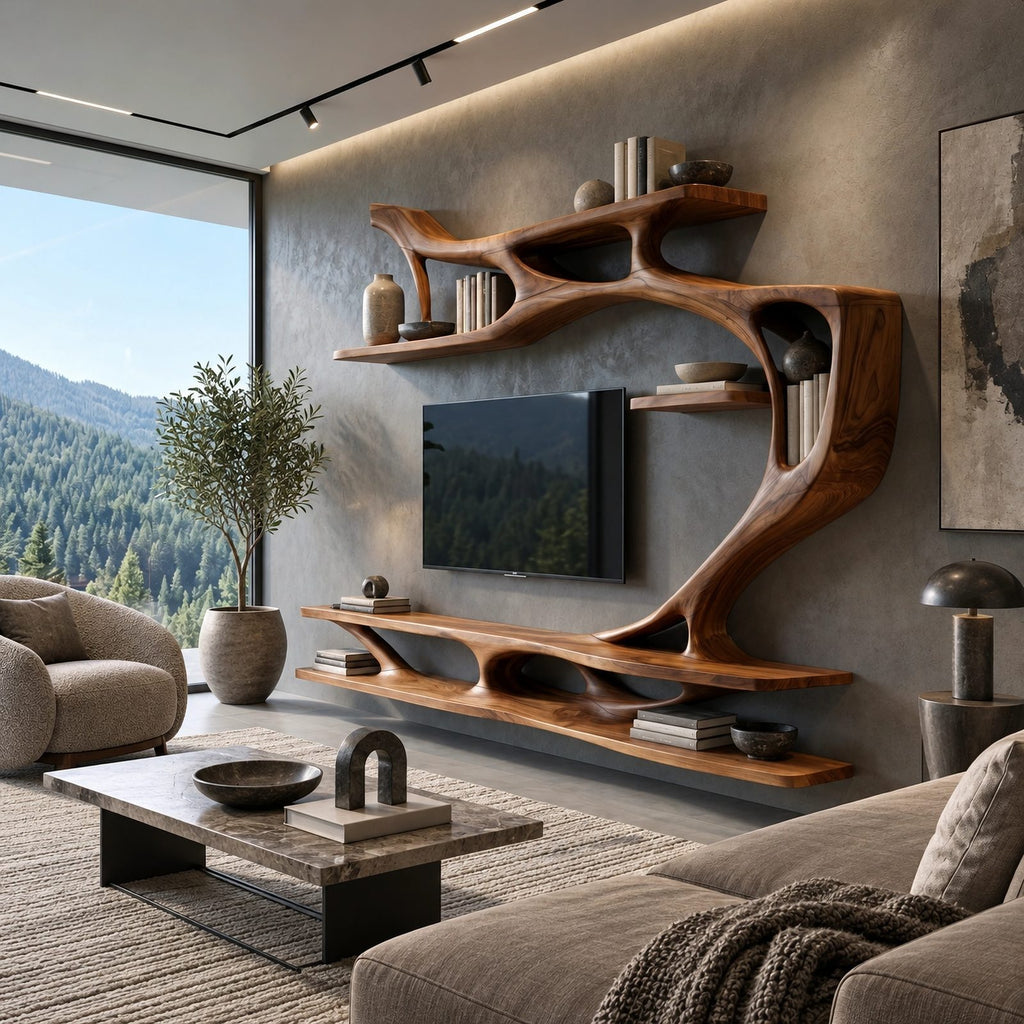Organic Sculptural Wall TV Shelf With Branch Form For Living Room