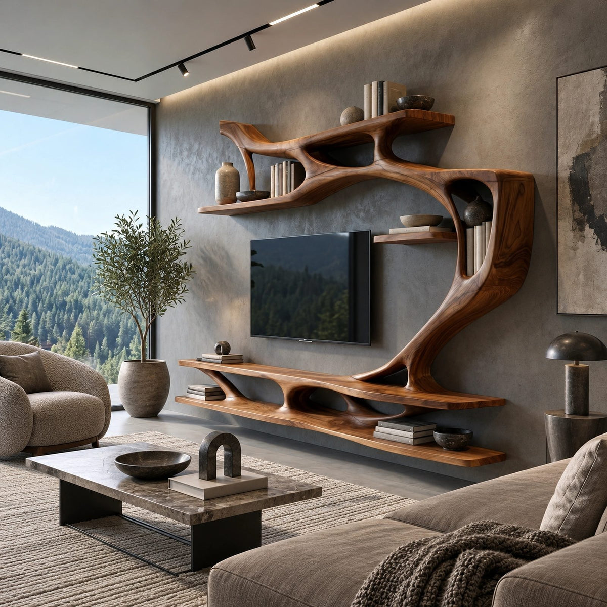 Organic Sculptural Wall TV Shelf With Branch Form For Living Room
