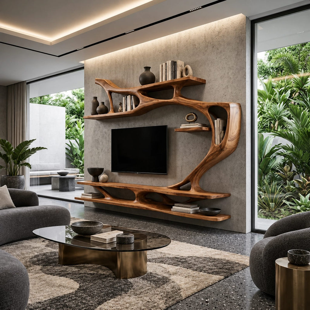 Organic Sculptural Wall TV Shelf With Branch Form For Living Room