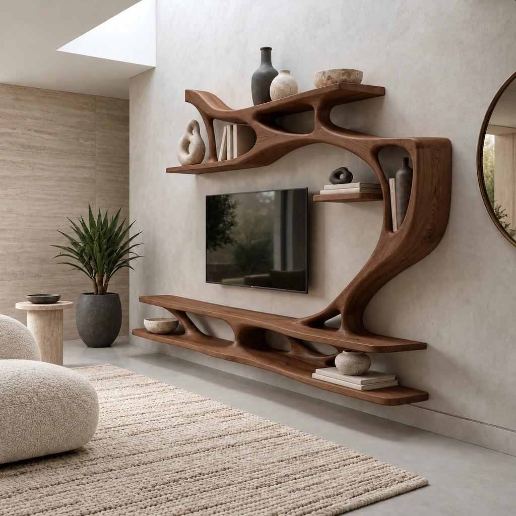 Organic Sculptural Wall TV Shelf With Branch Form For Living Room