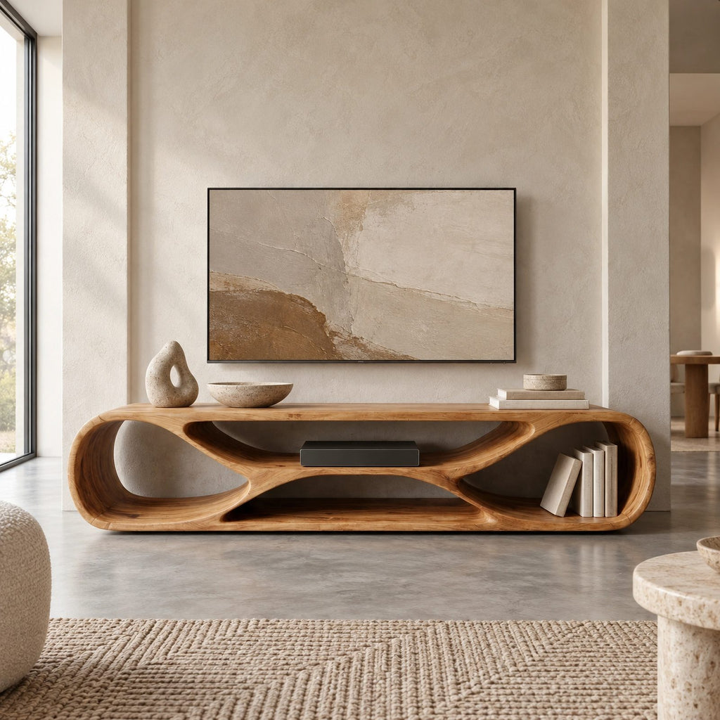 Contemporary Curved TV Console With Sculptural Loop Base For Living Room