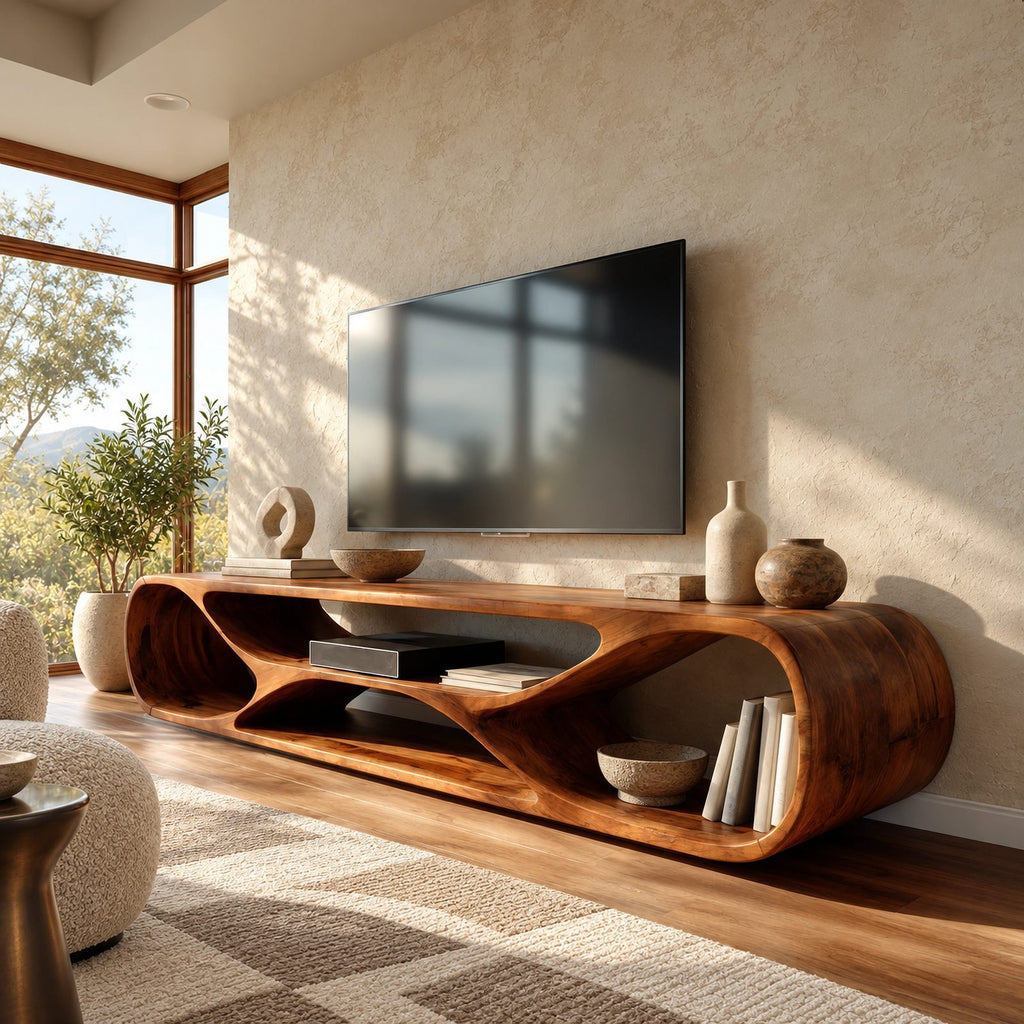 Contemporary Curved TV Console With Sculptural Loop Base For Living Room