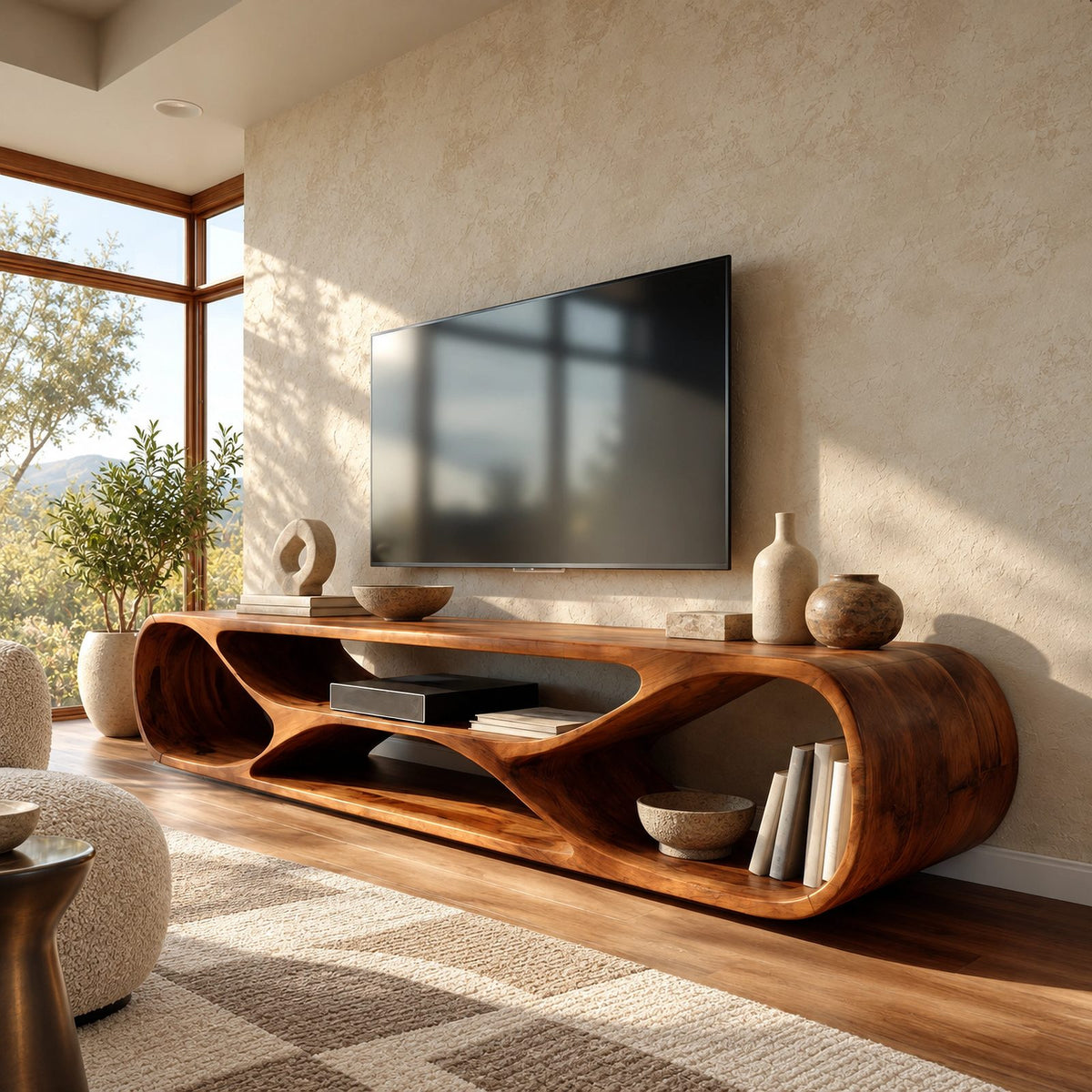 Contemporary Curved TV Console With Sculptural Loop Base For Living Room