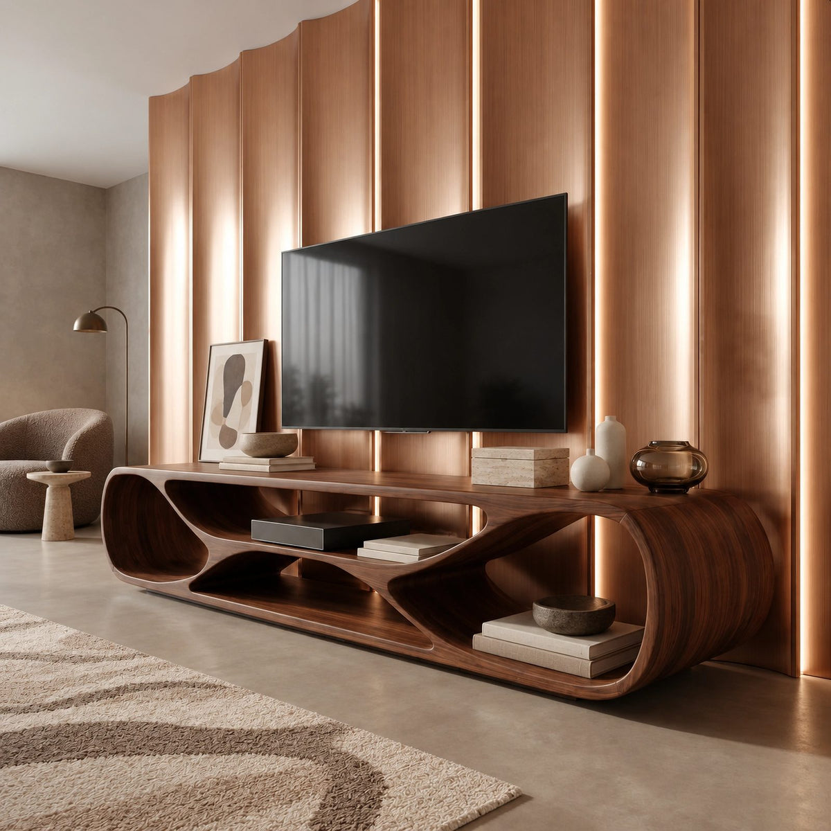 Contemporary Curved TV Console With Sculptural Loop Base For Living Room