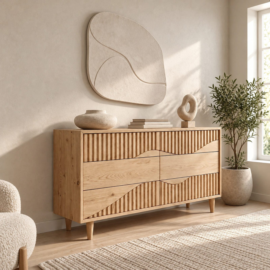 Artisan Wide Dresser With Fluted Diagonal Wave Drawers For Bedroom
