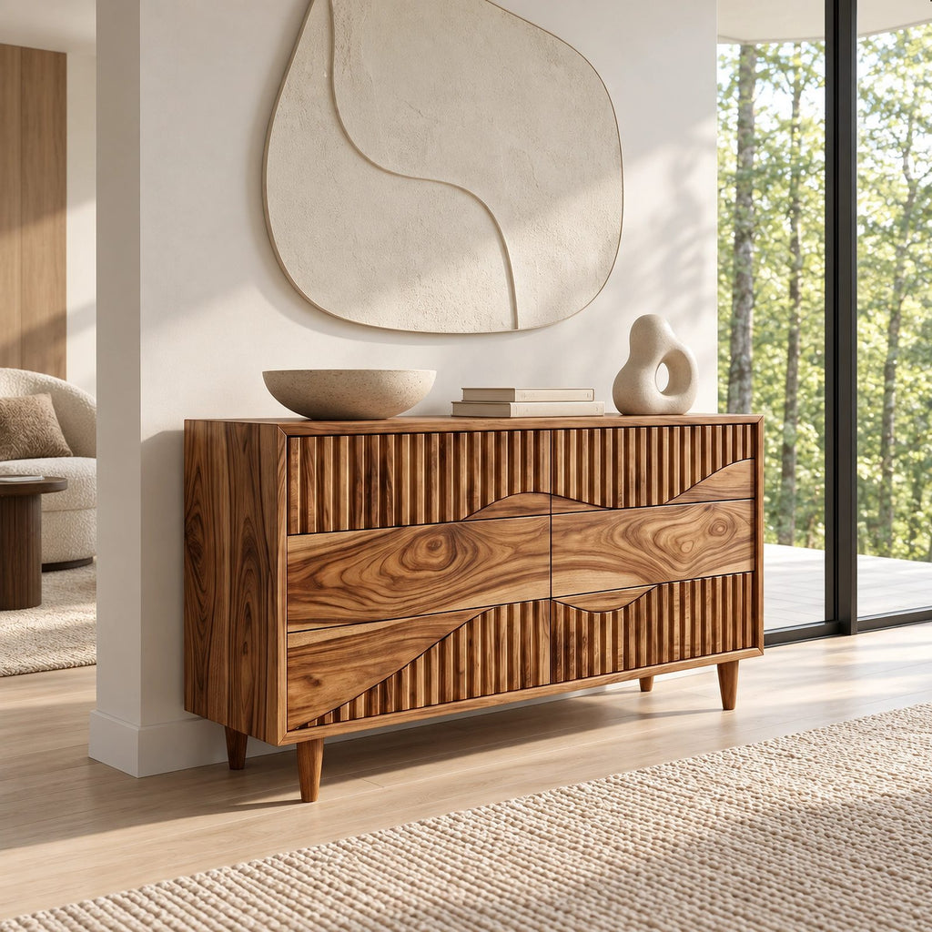 Artisan Wide Dresser With Fluted Diagonal Wave Drawers For Bedroom