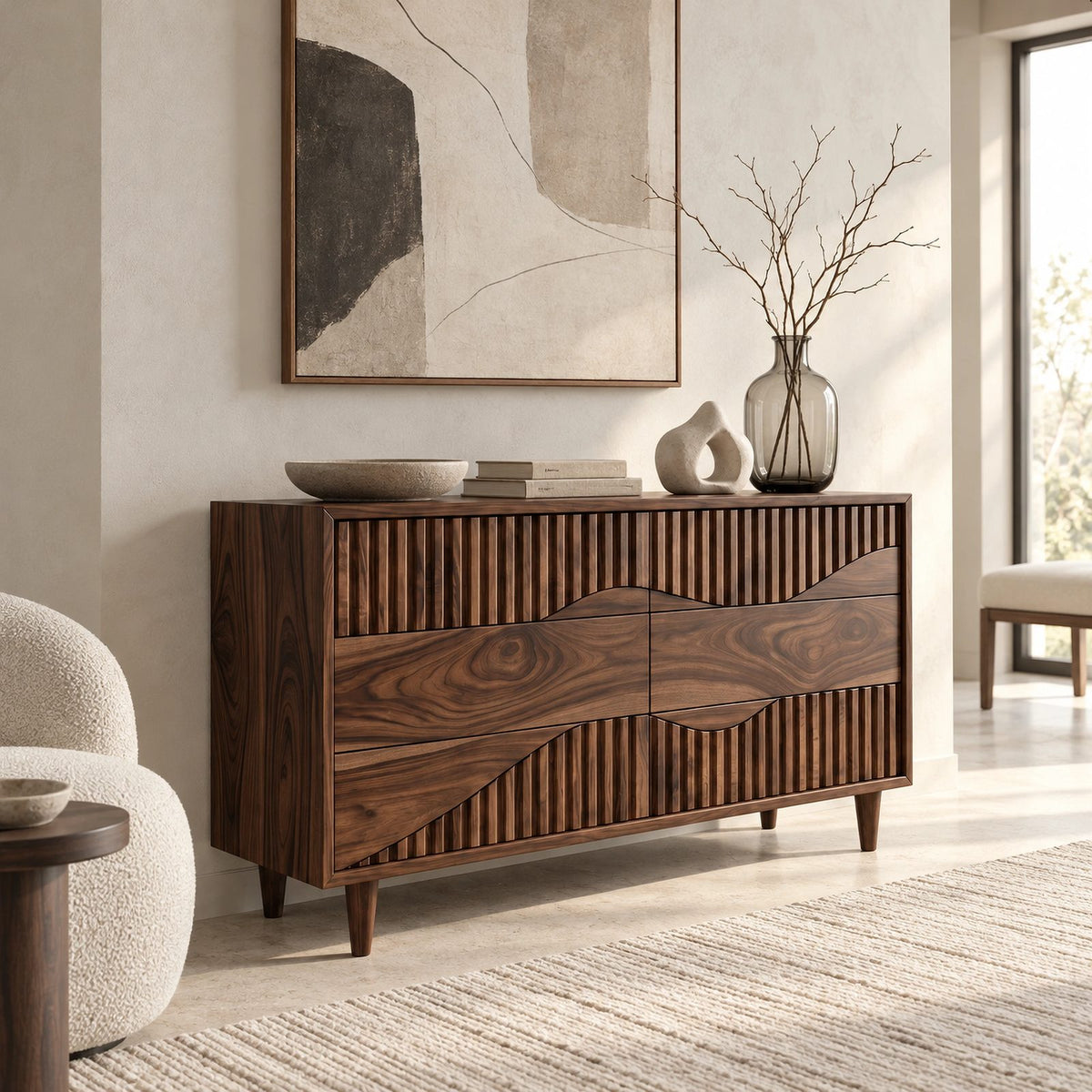 Artisan Wide Dresser With Fluted Diagonal Wave Drawers For Bedroom