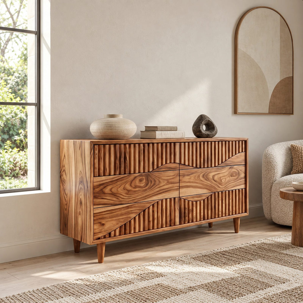 Artisan Wide Dresser With Fluted Diagonal Wave Drawers For Bedroom